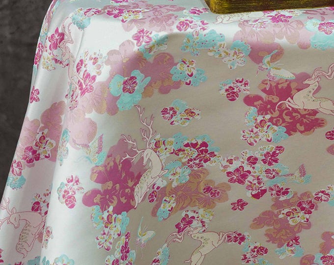3D jacquard woven fabric, gold thread White Deer in Taoyuan with embossed effects, Upholstery, Sewing DIY fabric, doll making, 65"W By yard