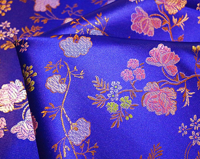 Royal blue& Purple Tomato flower Silk Brocade Fabric, 35"W Cheongsam, Qipao, Upholstery, Home Decor, Pillow case, Sewing and Quilting Fabric