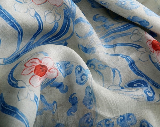 Buddha cloud painting printed pure Ramie Fabric, 57“W, Upholstery, Decor, Costume, Curtain, Handbag, Sewing, Scarf/Fabric by the meter