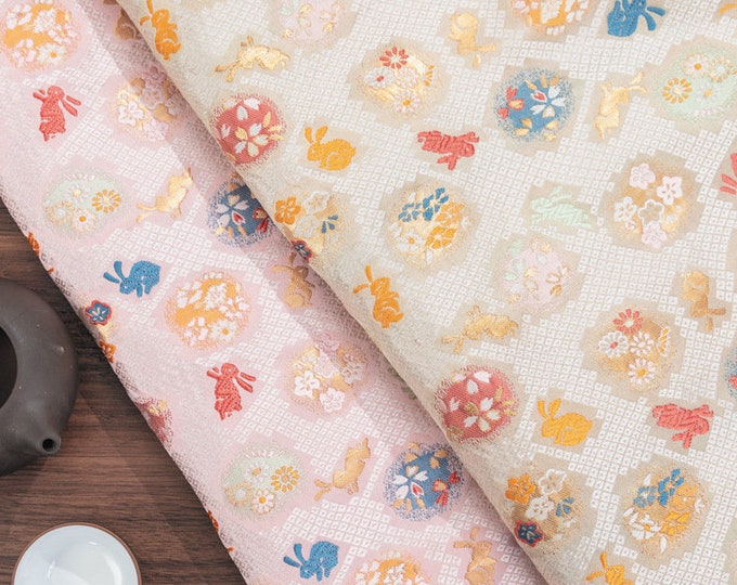 Japanese Nishijin Fabric, Double sides sweet Easter bunny Jacquard silk brocade by the meter, 59“Width 5 colors On SALE, kid Clothing sewing