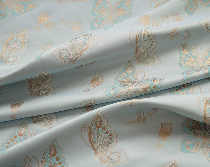 Aqua Blue Butterfly Gold Foil Jacquard Fabric - Stunning Upholstery , Quilting, drapery, Decor, Costume, Curtain, bag, Sewing Fabric, 56"W,