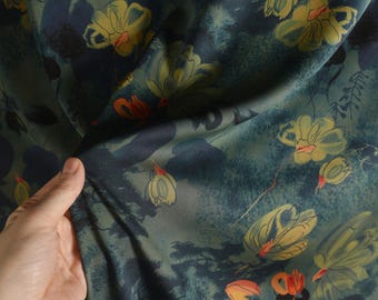 Floral Cotton Fabric: Chinese Ink Painting Style, 55"W