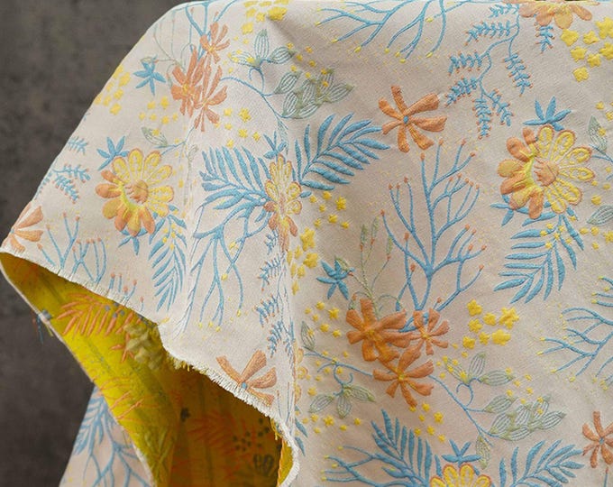 Reversible Jacquard Woven Fabric: Blue & Yellow Floral Upholstery, Costume, Decor - 64"W
