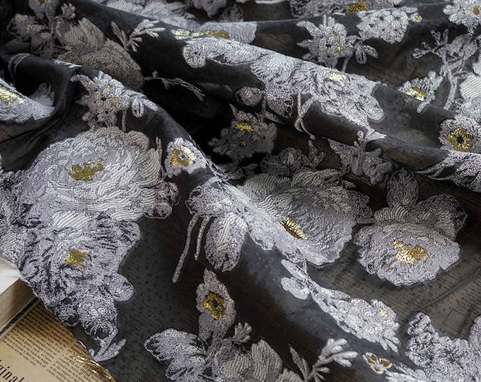 55“W White flower jacquard embroidery Fabric, 3D effect, curtain, dress, Doll Making, Upholstery, Decor, Costume, Wrapping/Fabric by 1 meter