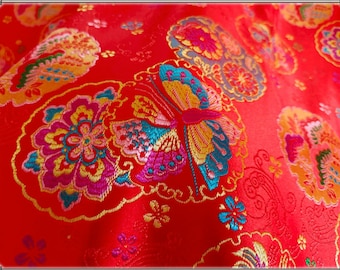 Red Butterfly Brocade Fabric: 59" Wide Silk Rayon Jacquard