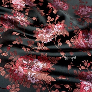 45"W Nero Cinese Tradizionale Jacquard Broccato Tessuto, Tenda floreale / Abito tessuto fai-da-te, tessuto per mobili per la casa, morbido e atmosferico
