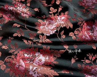 45"W Black Chinese Traditional Floral Jacquard Brocade Fabric, Floral Curtain/Dress DIY Fabric, Home Furniture Fabric, Soft and Atmospheric