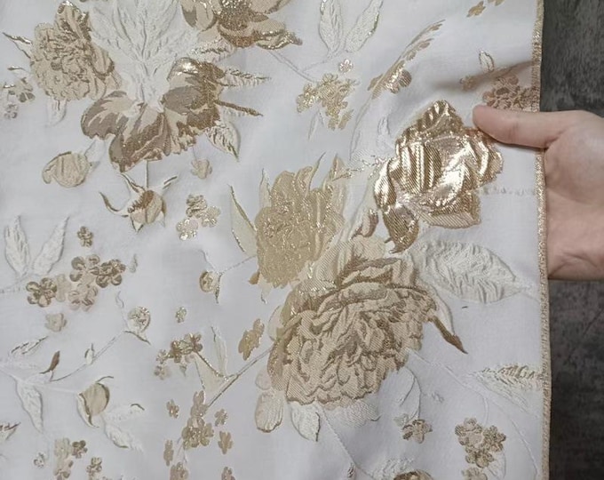 White Peony Jacquard Fabric: Embossed Gold Thread, 59" Wide