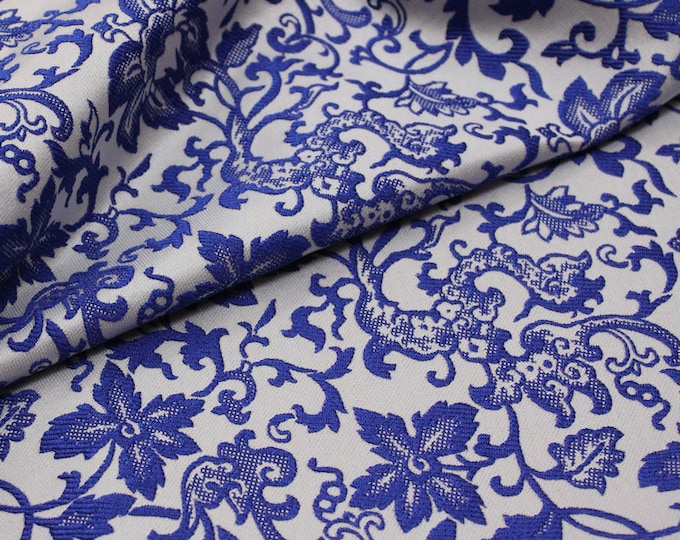 59"W Blue White Floral Jacquard Satin Fabric | porcelain Floral Jacquard | Floral Brocade | Cosplay Costumes, Skirts, Table runner, Cushion