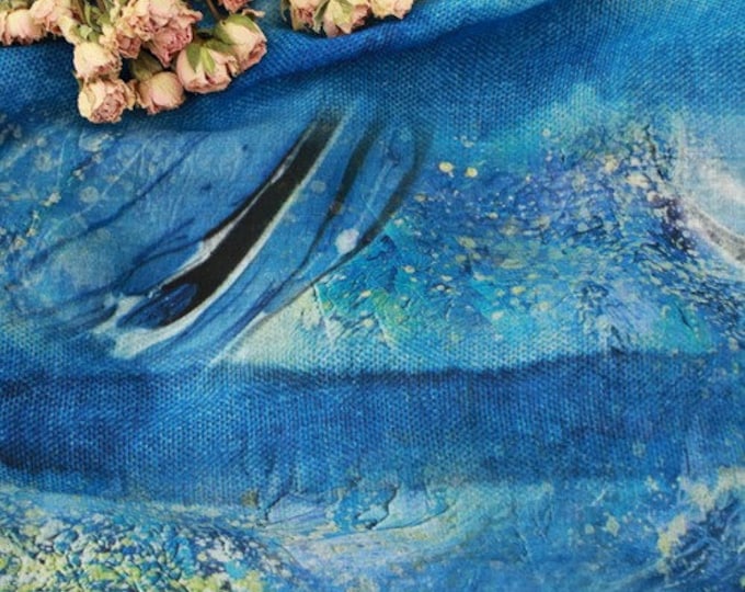 Blue tears Oil painting printed pure Ramie Fabric, 57“W, Upholstery, Decor, Costume, Curtain, Handbag, Sewing, Scarf/Fabric by the meter
