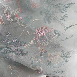 Tessuto ricamato con fiori in rilievo da 50"W, organza di seta 3D, tenda, abito, creazione di bambole, tappezzeria, arredamento, costume/tessuto al metro