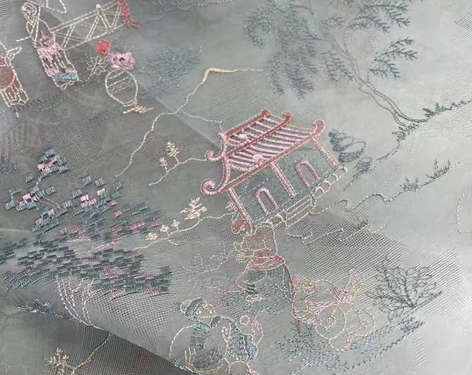 50“W embossed flowers embroidery Fabric, 3D silk Organza, curtain, dress, Doll Making, Upholstery, Decor, Costume/Fabric by the meter