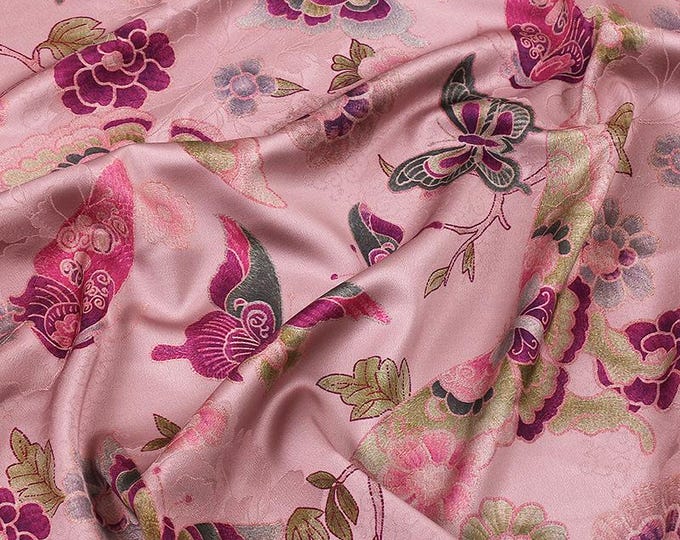Floral Butterfly Print Fabric: Gambiered Canton Gauze Tea Silk, pink, orange, purple
