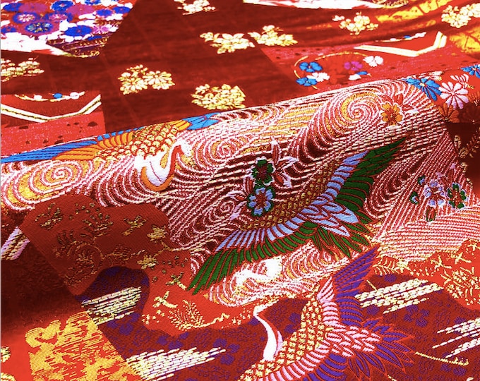Multi color Japanese-inspired fabric crane bird flower fabric by the meter, 29.5"W Sewing upholstery drapery doll making fabric, 4 colors