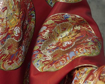 Chinese Red Emperor Wedding Cheongsam Fabric, Embroidery Dragon pattern, Tapestry Satin Jacquard Silk Brocade 59"W, Chinese wedding fabric