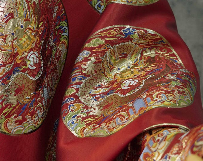 Chinese Red Emperor Wedding Cheongsam Fabric, Embroidery Dragon pattern, Tapestry Satin Jacquard Silk Brocade 59"W, Chinese wedding fabric
