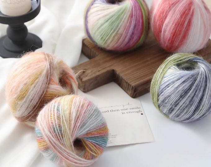 Rainbow Hand-Dyed Mohair Silk Yarn – Kid Mohair Lace Knitting Yarn, Colorful Gradient Rainbow DIY Hand Knitted Wool Ball, Sold by Ball