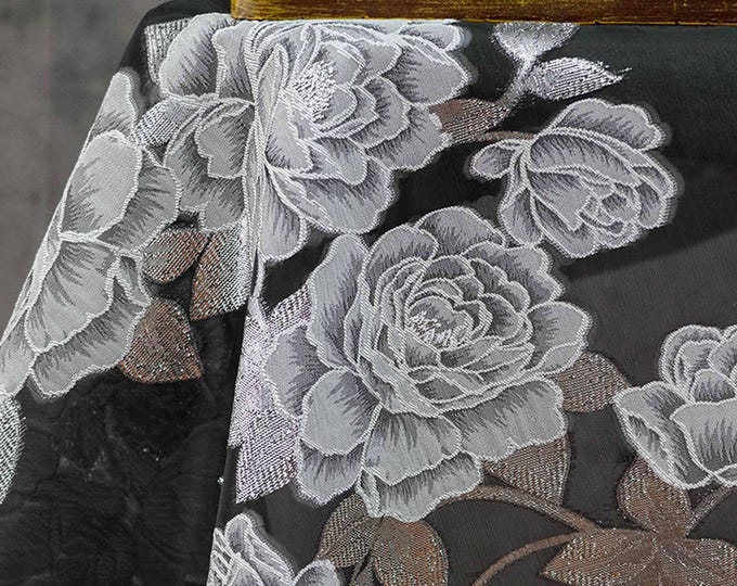Black and white Peony Silver Thread Jacquard Semi-Sheer Fabric, 55"Wide