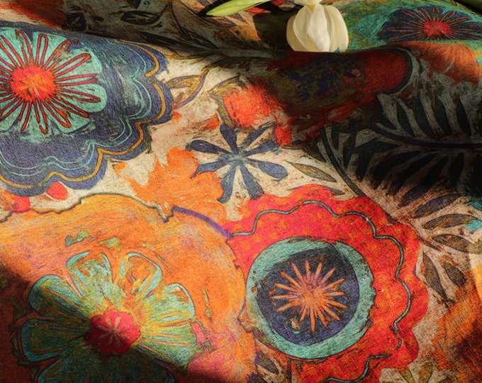 Dunhuang frescoes Asian Vintage Style, 55"W, Premium Quality Sustainable & pure Linen Fabric, Home Decor, Upholstery, Scarf, Sewing/ Fabric