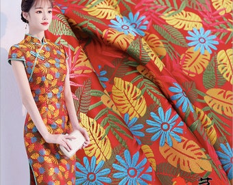 Floral Jacquard Brocade Fabric: Chinese Leaf Pattern, 29.5" Wide