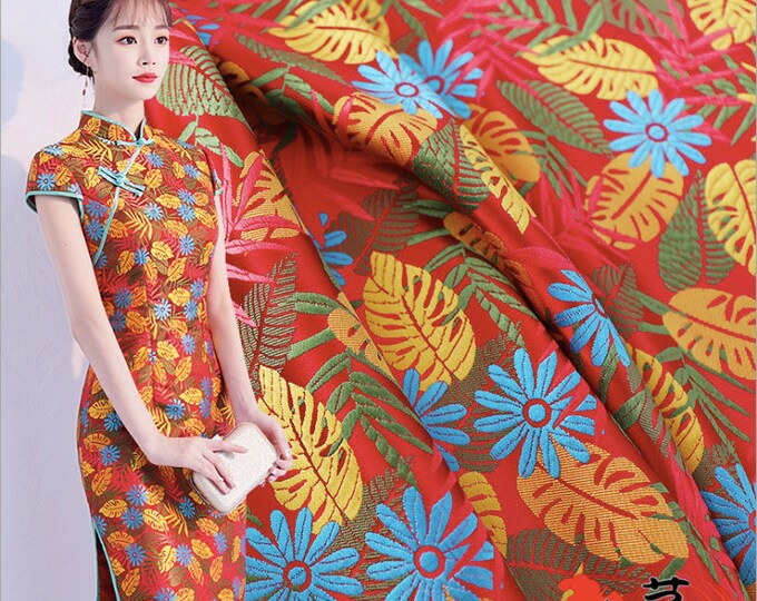 Chinese Leaf Flower Satin Jacquard Brocade  29.5" Wide | Chinese Fabric in 5 Colors Blue chinese fabric,Upholstery, Quilting, Sewing fabric