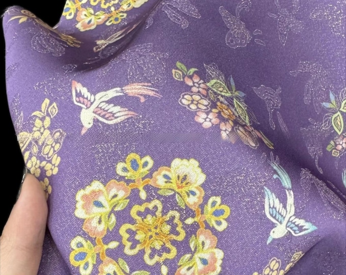 Purple Floral Brocade Fabric: Rayon & Gold Thread Chinese Style Medallion, 55"W