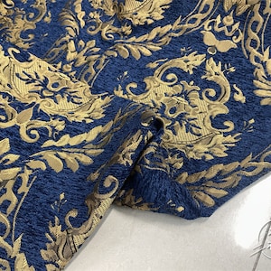 55&quot;W Blue & Gold embossed Palace jacquard cotton fabric, Damask, Upholstery, Decor, Costume, Curtain, Handbag, Sewing/Fabric by the meter