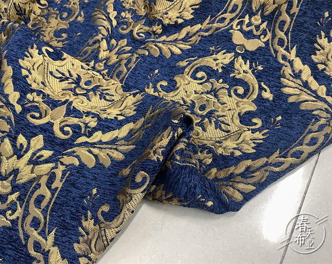 55"W Blue & Gold embossed Palace jacquard cotton fabric, Damask, Upholstery, Decor, Costume, Curtain, Handbag, Sewing/Fabric by the meter