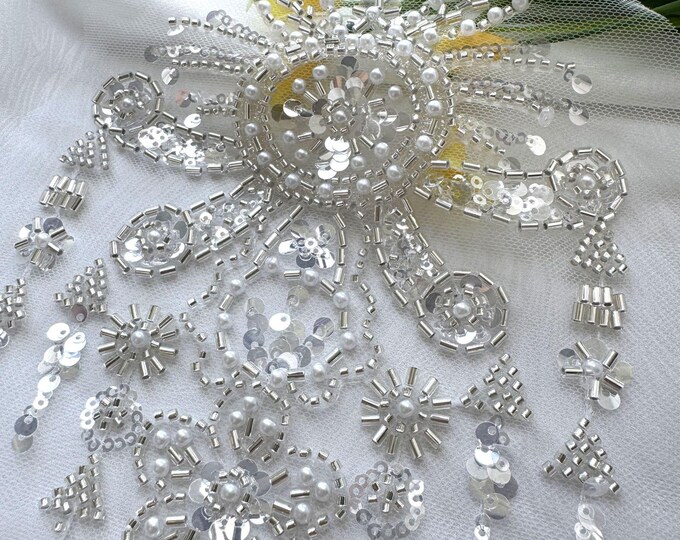 Luxury Embroidered Lace Trim – Bridal Wedding Veil, Light Ivory, By piece, sequins wedding dress, headwear, shoes, DIY accessory