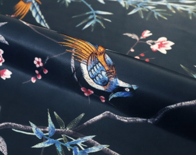 Solid Soft Printed Satin Fabric - 4 Colors, 57"W, Chinese Birds & Tree, Upholstery, Decor, Costume/Fabric by the meter, cushion, sofa fabric