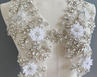 Hand Beaded Rhinestone Applique Patch: Bridal Lace Embroidery
