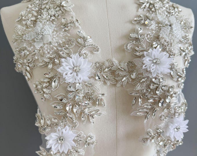 WHITE Hand Beaded Rhinestone Applique Patch – Bridal Lace Embroidery for Wedding Dress, Dance Costume, Gown, DIY Sewing Supplies, by pair
