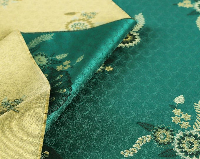 59"W Song Brocade dark green Chinese peacock Silk Brocade, Emperor Tibetan robe, cheongsam, sewing, Upholstery, Quilting and drapery fabric