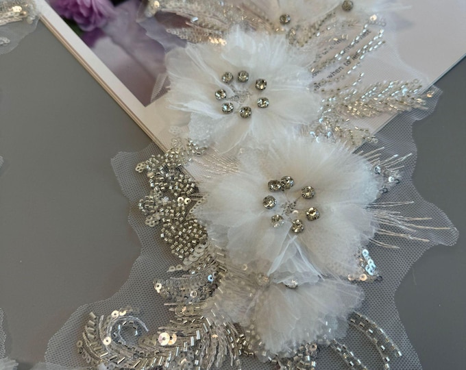 3D Floral Appliques with beads Sequins - Mesh Embroidered Cloth for DIY Crafts, Dance Costume Decorations, and Lace Accessories, wedding
