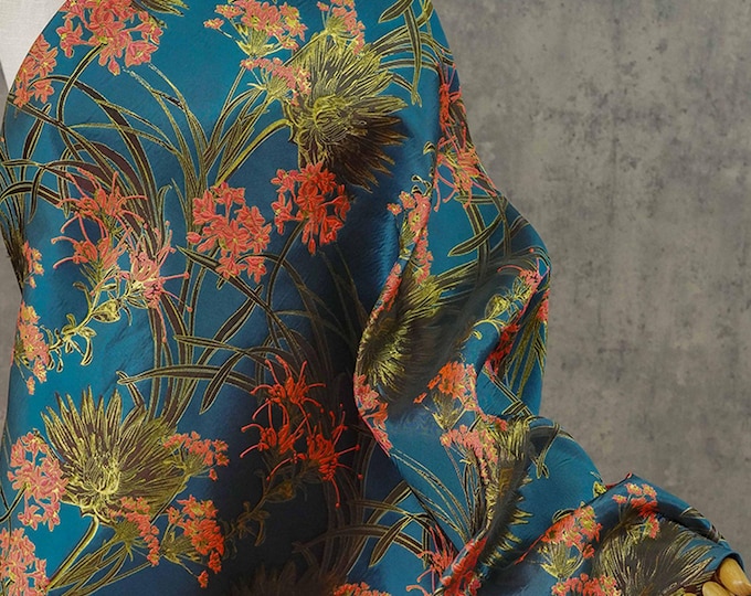Gold thread Reversible jacquard woven fabric, 3D Teal floral with embossed effect, Upholstery, Costume, Sewing DIY fabric, 62"W By 1 yard