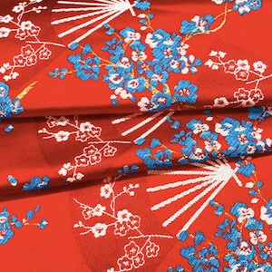 59"W China Red plum blossom and Fans silk brocade fabric multicolors cheongsam Qipao brocade fabric by the meter, Upholstery Quilting Sewing