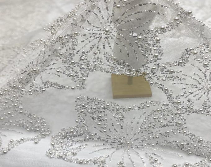 Pearl & Sequin Embroidered Fabric – 4/6/8mm Beads, Luxury Bridal Gown Material, Wedding Dress, Couture Sewing, High-End Fashion Fabric, 49"W