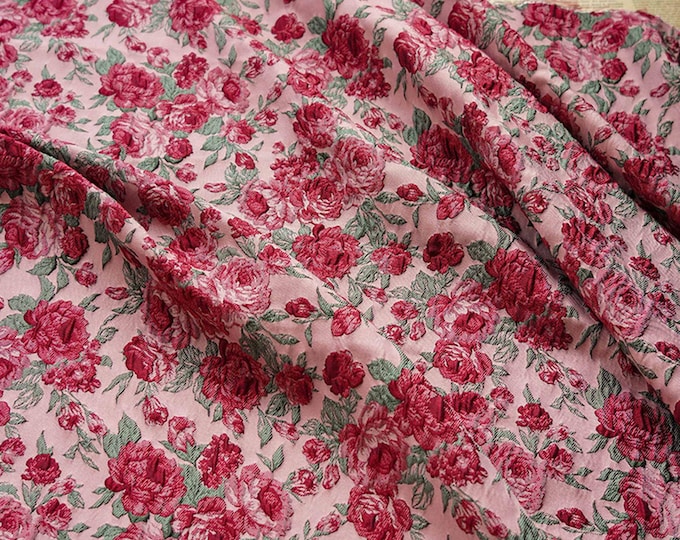 Red Rose Floral Jacquard Brocade Fabric – Embossed Damask Fabric for Dressmaking, Cheongsam, DIY Sewing, New Chinese Style, 56” Width