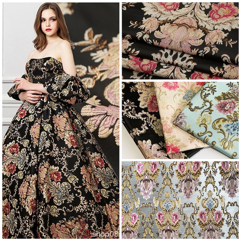 57W Retro Palace style brocade jacquard dress fabric, Damask Fabric, Deco Fabric, Sofa Fabric by the meter, Black, beige and Green image 2