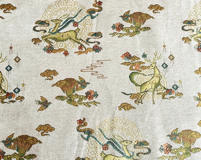 57"W Chenille Fabric Elegant Brocade Jacquard Fabric, colorful deer, Upholstery, Decor, Costume, Curtain, Quilting, Sewing/Fabric, 1meter