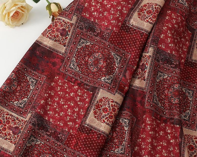 59"W patch pattern Tea silk satin fabric, Digital print, 2 colors, Upholstery, Decor, Costume, Curtain, bag, Sewing, drapery, DIY/Fabric