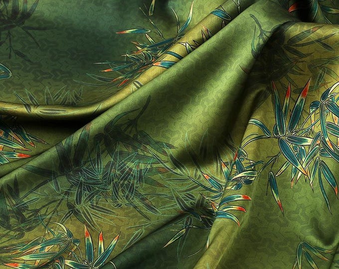 59"W Ancient bamboo Tea silk satin fabric, Digital print, 3 colors, Upholstery, Decor, Costume, Curtain, bag, Sewing, drapery, DIY/Fabric