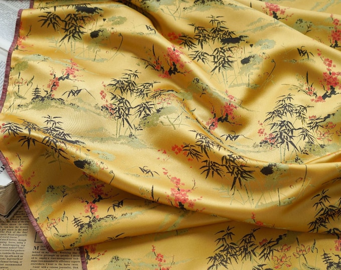 60" Width gold damask Brocade Satin Fabric, Home Decor, Sewing, Kids, Dolls, quilting, floral, bookbinding, tapestry, cheongsam/fabric