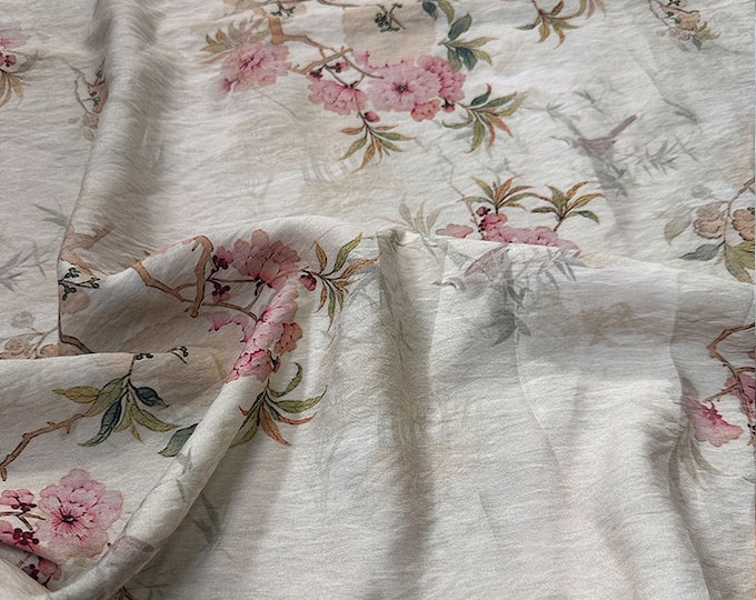 Tencel Ramie Printed Fabric, a crabapple, Sewing Fabric, Dress, Kimono, decor, Upholstery, Costume, bag, DIY, curtain/ fabric, by one meter