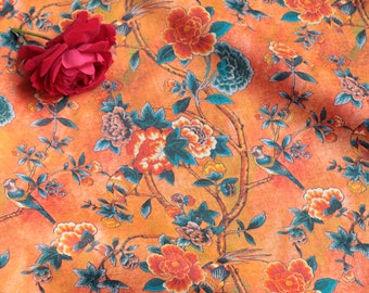 Floral Ramie Fabric: Dunhuang Style Print, 57" Wide