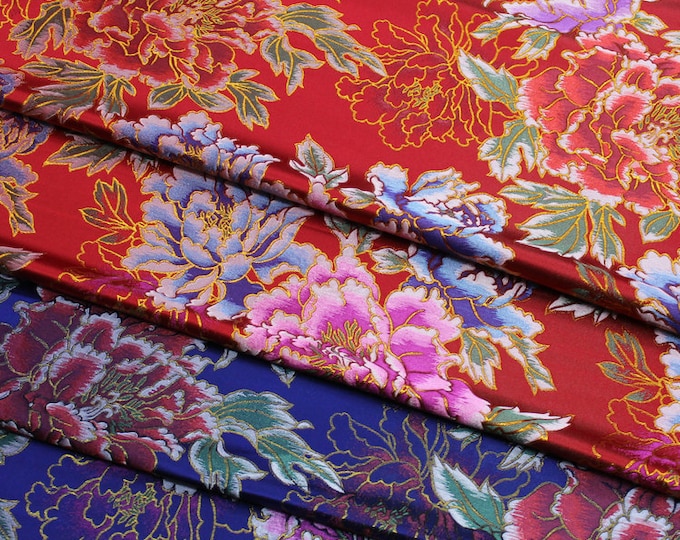 29.5"W Silk Brocade Fabric Peony Flower Design, Wedding Fabric, 6 Colors Chinese Fabric By 1 Meter on SALE