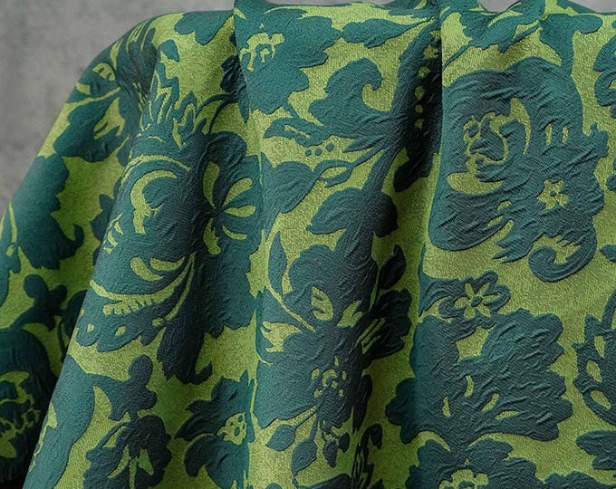 Embossed Floral Jacquard Fabric – Green Vintage Style Upholstery, 55" Wide