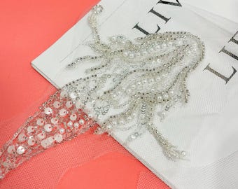 Luxury 11" mermaid Embroidered Trim – Bridal Wedding Veil, Light Ivory, By Yard, sequins wedding dress, headwear, shoes, DIY accessories