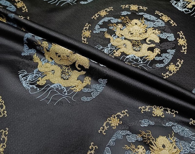 Atmospheric Dragon & Fu Silk Brocade – 55" Wide Jacquard Blend, Black with gold foil – Upholstery, Quilting, Sewing fabric by the meter