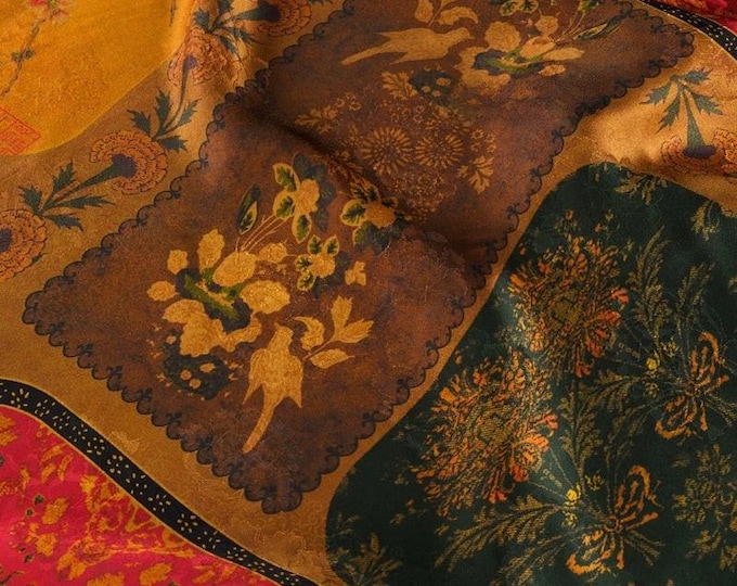 59"W Ancient Dunhuang Tea silk satin fabric, Digital print, Upholstery, Decor, Costume, Curtain, bag, Sewing, drapery, DIY, Quilting/Fabric